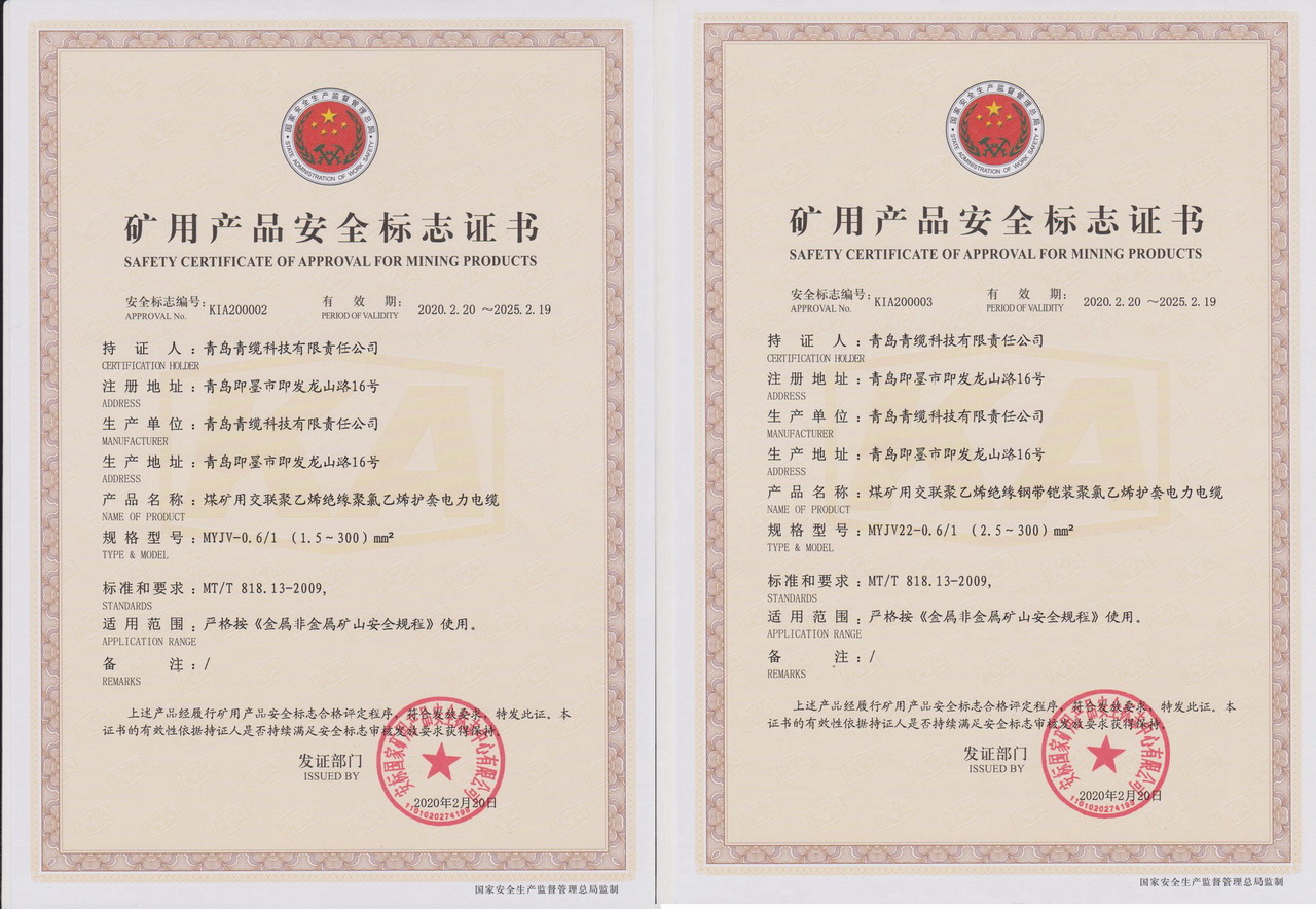 青纜科技公司礦用電力電纜通過煤安認證(圖2) 青纜科技公司礦用電力電纜通過煤安認證(圖2)